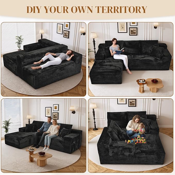 108" L Shaped Boneless Sectional Couches for Living Room, Wide Armrest, Deep Seat, Memory Foam, Assembly Free, Modern Comfy Corduroy Fluffy Cloud Sofa with Left Chaise, Black