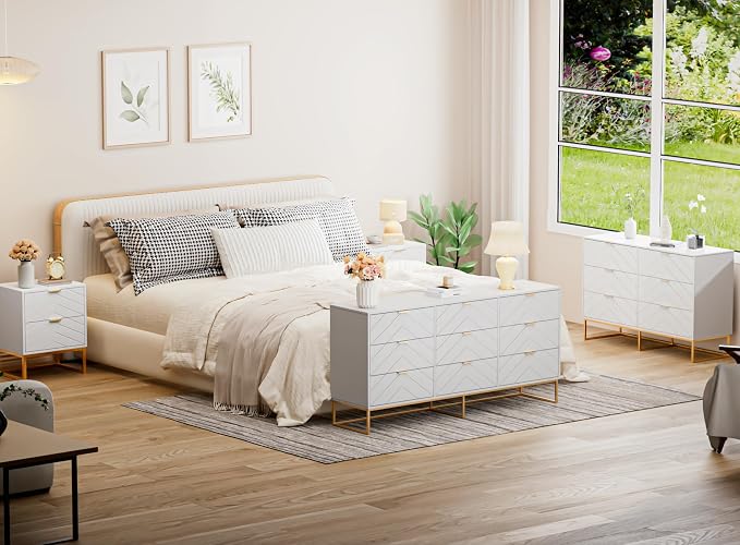 Anbuy 3 Pieces Bedroom Sets 6 Drawer Dresser and Nightstand Sets for Bedroom, Night Stand Set of 2 & 6 Drawer Dresser with Gold Handles, Morden Wood Chest of Drawers Storage Cabinet Set, White