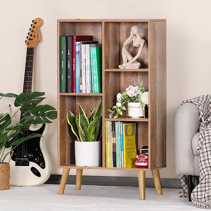 5 Cube Small Bookshelf,3 Tier Mid-Century Modern Bookcase with Legs,Wood Kids Bookshelves Storage Organizer Shelf,Free Standing Narrow Book Shelves,Oak Grey Corner Bookcases for Bedroom,Living Room