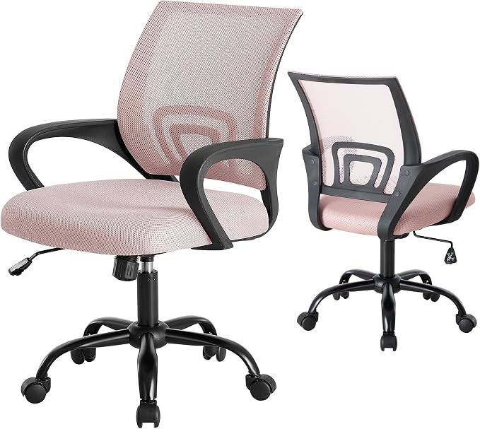 OLIXIS Office Desk Chair - Ergonomic Mid Back with Lumbar Support & Rocking Mode, Height Adjustable with Fixed Armrest, for Home, Computer, Gaming, Conference, Meeting Room, 360° Swivel, Pink, 2 Pack