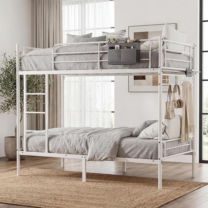 Bunk Bed,Bunk Bed Twin Over Twin with LED Lights and Charging Station | Heavy Duty Metal Bunk Bed Frame with Guardrails and Ladder,Space Saving Bunk Beds for Teens Dorm Bedroom,White