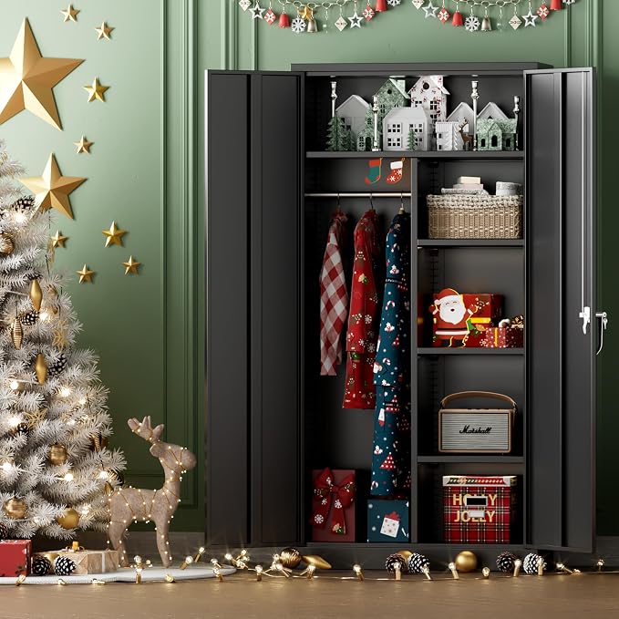 INTERGREAT Metal Wardrobe Closet, 72" Black Locking Storage Wardrobe Cabinet with Locking Doors and Adjustable Shelves, 18" D x 36" W Tall Steel Clothes Storage for Office, Home, School, Gym