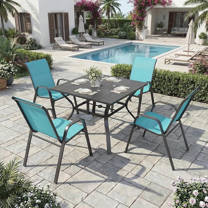 Outdoor Dining Set for 6, 7pcs Patio Table and Chairs Set with Adjustable Umbrella Hole,Heavy Duty 63”x37.8” Metal Dining Table and Stackable Patio Chair for Yard, Garden, Porch