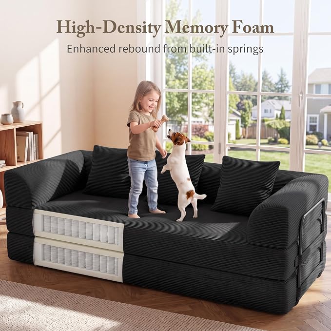 Living&Giving 89" Cloud Boneless Convertible Sofa Bed, 5-in-1 Foldable Compressed High-Density Sponge Sofa, Corduroy Fabric 3 Seater Sleeper Couch Futon Daybed for Living Room Bedroom (Black)
