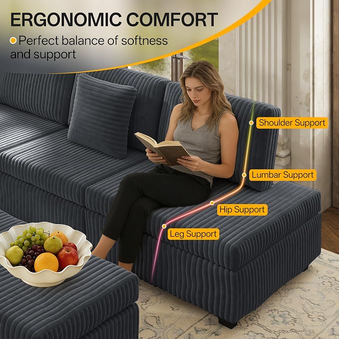 KEIKI 110" L-Shaped Oversized Plush Corduroy Modular Sectional Sofa with Pull-Out Bed, Convertible 6-Seater Sleeper Couch Bed with 1 Ottomans & USB & Cup Holders, Easy Assembly, for Living Room, Gray
