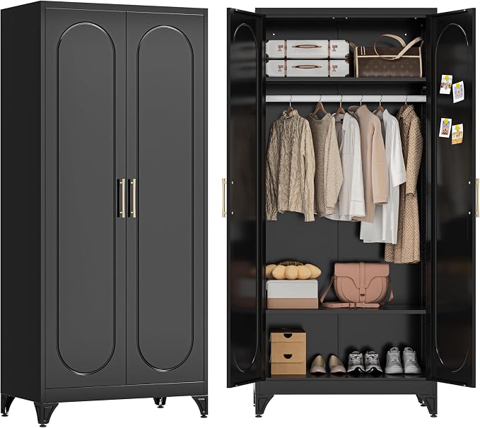 Metal Wardrobe Cabinets,Black Armoire Wardrobe Closet with Hanging Rod,Clothes Storage Cabinet with Adjustable Shelves and Doors,Clothing Cabinet for Bedroom, Office, Laundry Room