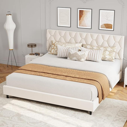 GarveeHome Cal King Bed Frame with Adjustable Headboard, Modern Linen Upholstered Platform Bed Frame with Wood Slats Support, No Box Spring Needed, Easy Assembly for Bedroom Apartment, Beige