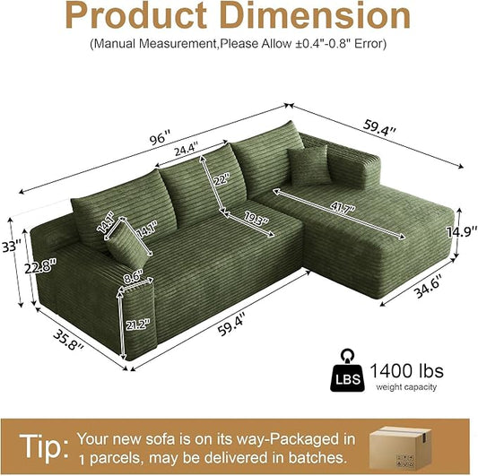 AUGOP 96" Sectional Couches for Living Room Modern Modular Sofa with L-Shape Couchs Upholstered Boneless Couch Deep Seat Sectional Couch with Chaise (Green, 96" Right Facing Chaise+2Seaters)