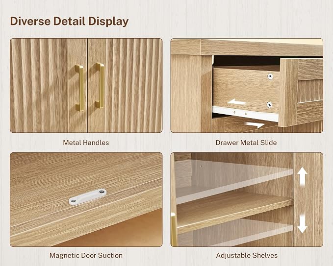 usikey 63" Buffet Cabinet with Storage, Large Sideboard Buffet Cabinet with 2 Adjustable Shelves and 2 Drawers, Modern Fluted Coffee Bar for Kitchen, Living Room, Natural