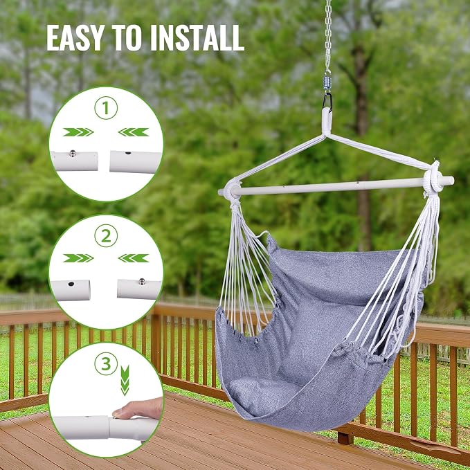 Backyard Expressions Hanging Hammock Chair Swing with Cushions & Hanging Kit – 500 lb Capacity, Cotton Blend Fabric, for Indoor/Outdoor Use – Includes Chain, Hooks & Spring – 5 Colors (Charcoal)