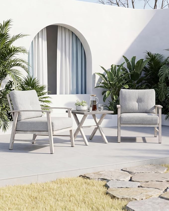 Outdoor Patio Chairs Set of 2, Outdoor Aluminum Armchair Conversation Set with Thick Cushions, 2 Pieces All Weather Patio Furniture Sofa Chairs Set for Garden, Poolside, Lawn, White Oak