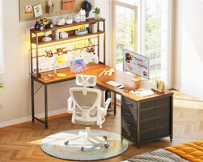 AODK L Shaped Desk Gaming Desk with LED Light & Power Outlet, 59 Inch Reversible L Shaped Computer Table with 4 Drawers for Home Office, Vintage