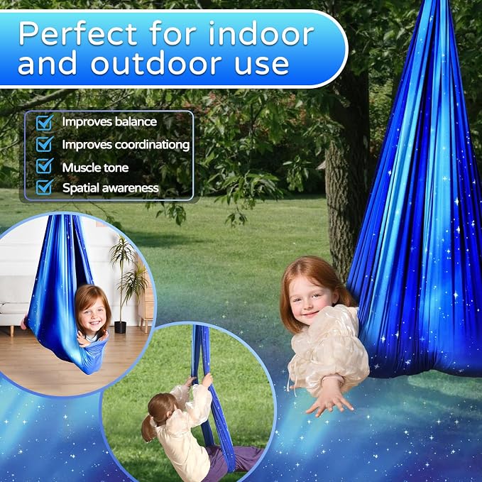 Sensory Swing for Kids and Adults Indoor & Outdoor Double Layer Therapy Cuddle Holds up to 300lbs Adjustable Swing Hammock Chair with 360° Swivel Hanger Kit Effect for Aspergers Autism ADHD(Star Blue)