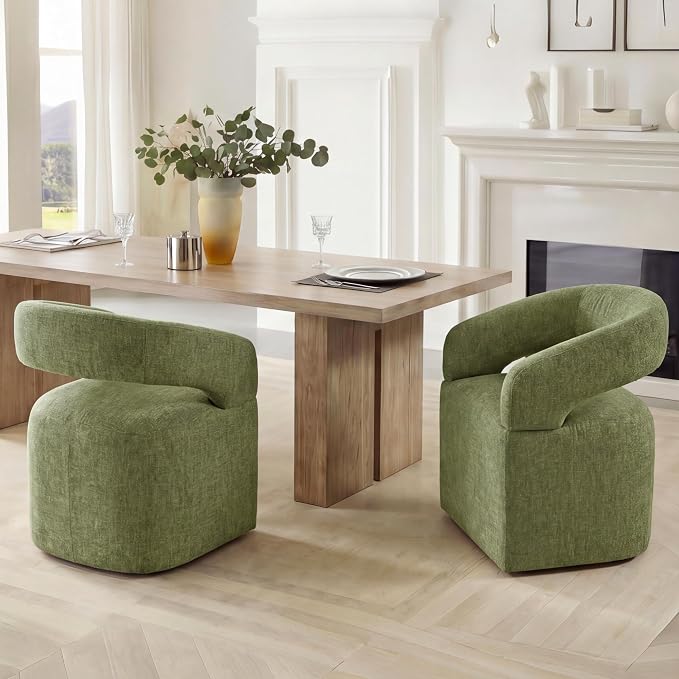 KISLOT Upholstered Dining Chairs Set of 4, Modern Arm Kitchen & Dining Room Chairs with Hidden Casters, Linen Fabric Padded Rolling Chairs, Sturdy Wood Frame, 300 lbs Capacity, Moss Green