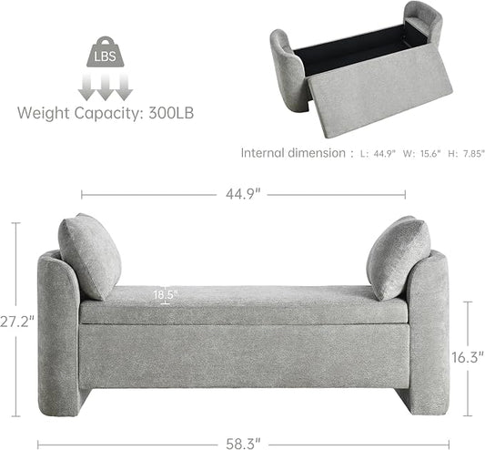 Usaint 58.3" Storage Ottoman Bench with Pillows, Upholstered End of Bed Bench with Arms, Footrest Stool Bench for Bedroom, Living, Window, Entryway and Hallway, Grey