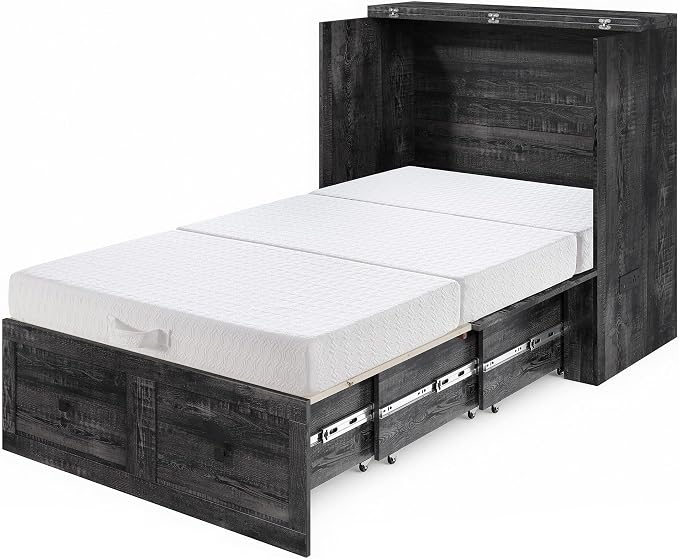 LUXOAK Twin Murphy Bed with 6" White Tri-Fold Memory Foam Mattress, Storage Drawer & Charging Station, Space-Saving Design for Home Office or Guest Room, Black Oak