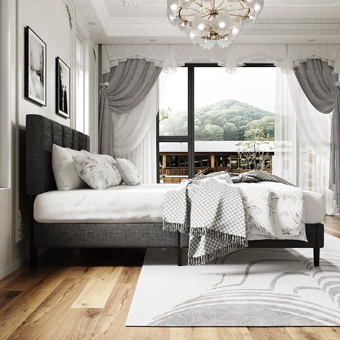 Sismplly Full Size Platform Bed Frame with Upholstered Headboard, Wooden Slats Support, Noise Free, No Box Spring Needed, Easy Assembly, Dark Grey, Linen