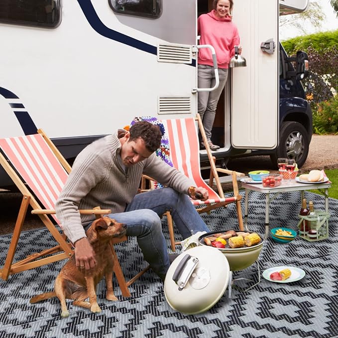 SAND MINE Waterproof Outdoor Rug 4x6 ft, Reversible Mats, Modern Area Rug, Large Floor Mat and Rug for Outdoors, RV, Patio, Backyard, Deck, Picnic, Beach, Trailer, Camping, Black & Grey Lattice