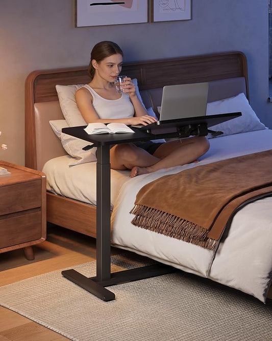 SANODESK Small Rolling Overbed Table Adjustable Height with Wheels, Mobile Laptop Desk with Tilting Desktop, Portable Computer Workstation for Home Office, Classroom, Bedside, Black