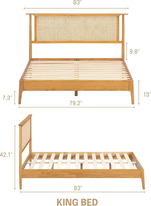NTC Ruby Wooden Bed Frame with Headboard and Natural Rattan, Solid Oak/Rubber Wood Foundation with Silent Slats, 1000 Lb Capacity, Effortless Assembly - King - Rustic Oak