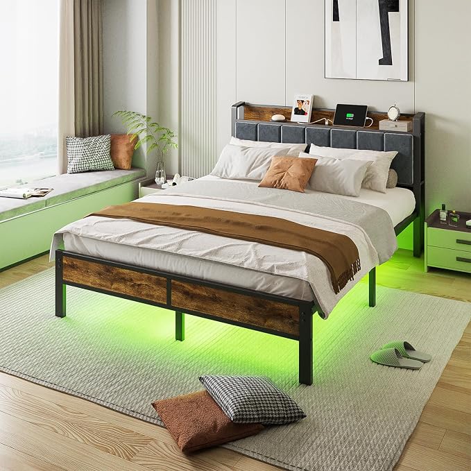 ALBERTO Queen Size Bed Frame with LED Lights, Upholstered Headboard with Storage and Charging Station, Metal Platform with Slats, No Box Spring Needed, Easy Assembly