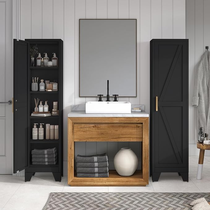 COFaR Tall Bathroom Cabinet, Metal Farmhouse Narrow Slim Storage Cabinet with Adjustable Shelves Barn Door for Bathrooms, Kitchens, Entrances Living Room (Black)