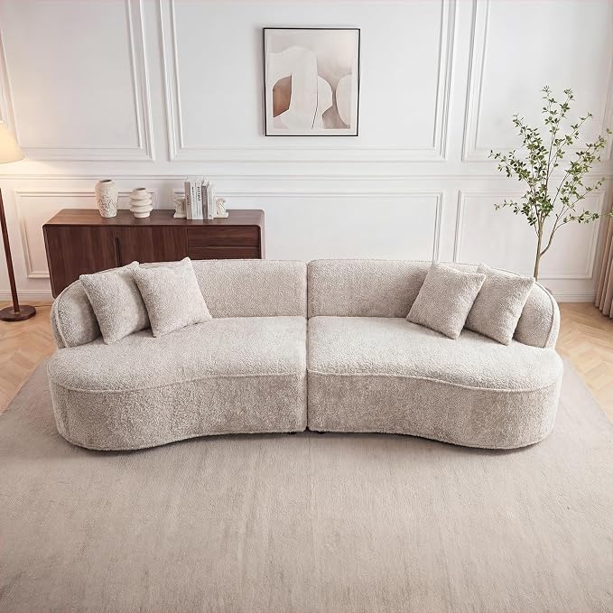114" Curved Sectional Sofa Couch, Modern Comfy Chenille Memory Foam Sofa Deep Seat Couches, 4 Seater Oversized Boneless Cloud Couch with 3 Throw Pillows for Living Room (Camel, 114.2 Inch)