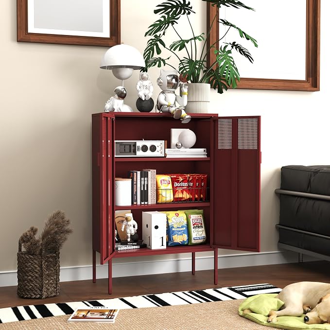 Metal Storage Locker Cabinet with 2 Doors & Adjustable Shelves, 47" Red Accent Furniture, Multipurpose Office Dresser or TV Stand for Home Entryway
