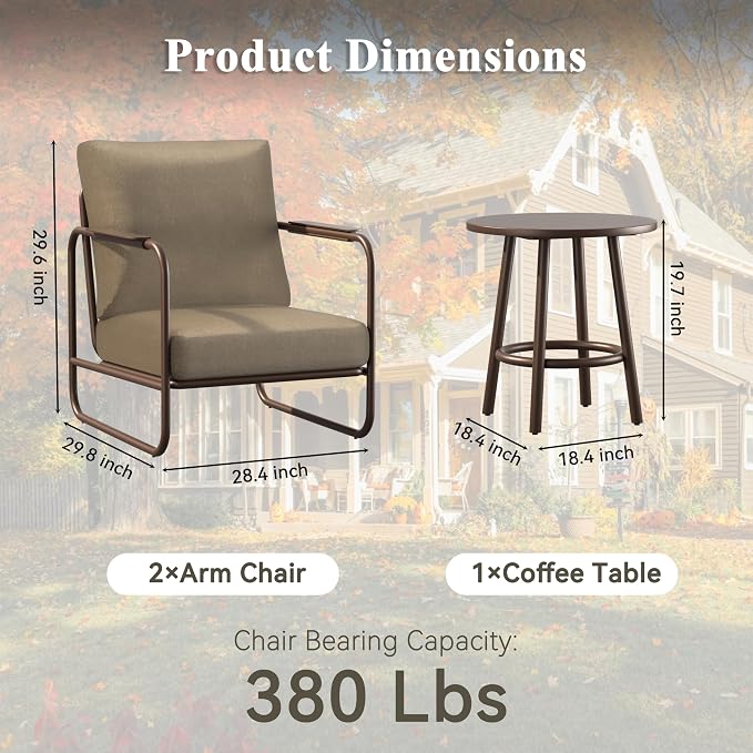 3 Pieces Aluminum Outdoor Patio Conversation Set, 6" Cushions & Coffee Table, All-Weather Rust-Resistant Frame for Porch Garden Backyard, Brown