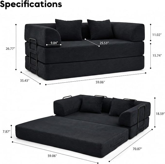 ZEIINPA 59“ Convertible Floor Sofa Bed, 5-in-1 Futon Sofa Bed Modular Sleeper Couch, Corduroy Pull Out Loveseat with Curved Armrest, Boneless Couches for Living Room, No Assembly Required, Black