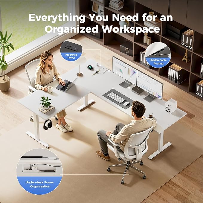 Agilestic Electric L Shaped Standing Desk 75 x 61 Inch with Power Outlet, Height Adjustable Corner Stand up Desk with Cable Management,Sit Stand Home Office Workstation with Splice Board, White