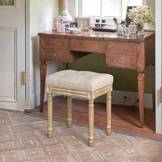 LUE BONA Upholstered Fabric Vanity Bench Seat, Makeup Stools for Vanity, Square Tufted Ottoman Bench with Carved Wood Color Legs for Bedroom Living Room, Linen Color