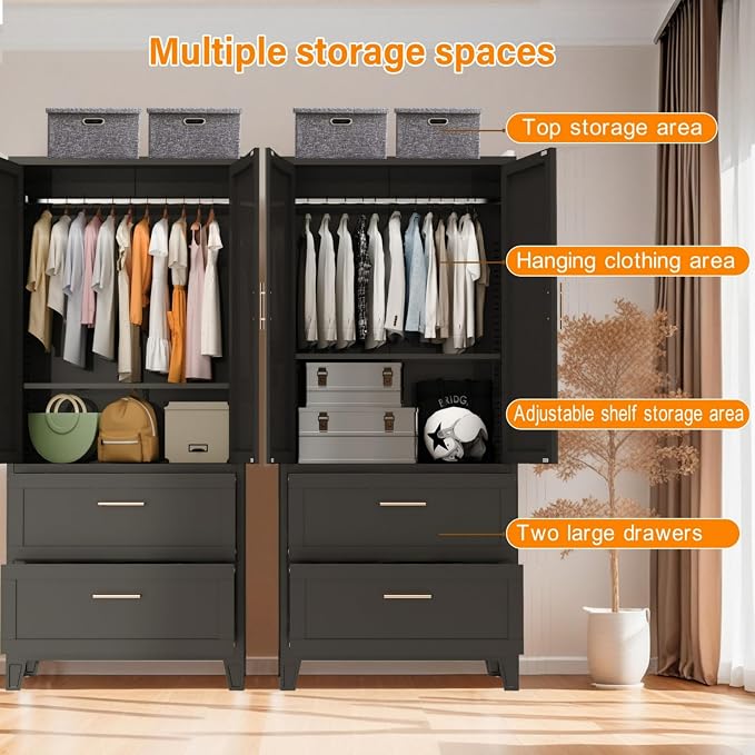 71" Tall Black Metal Storage Cabinet with 2 Doors, 2 Drawers, Interior Rail and Adjustable Shelf, Freestanding Utility Cabinet for Office, Laundry Room, Entryway, Garage and Home Storage
