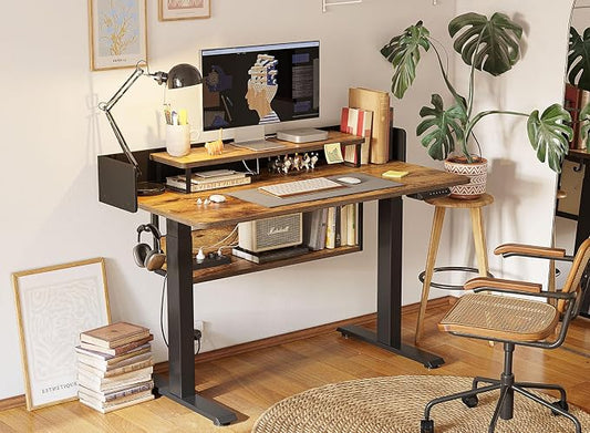 CubiCubi 55" Electric Standing Desk with Under Desk Shelves, Sit Stand Rising Computer Desk with Monitor Shelf, Home Office Desks with Hooks, Adjustable Height Stand Up Workstation Table, Rustic Brown