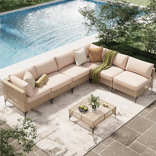 U-MAX 7-Piece Patio Furniture Set with Tea Table, Boho Outdoor Furniture Set Sectional Sofa Wicker Conversation Set with Light Brown Rattan&Beige