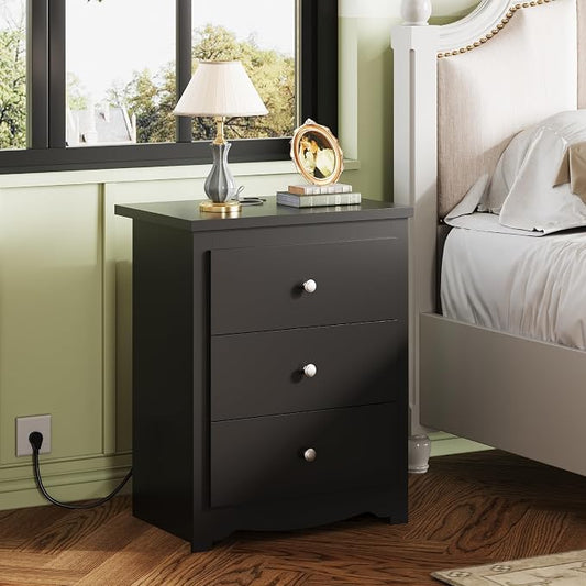 WLIVE Tall Nightstand with Charging Station, Wood Night Stand with 3 Drawers Storage, Bedside Table End Side Tables with 2 USB Ports and Outlets for Bedroom, Closet, Black