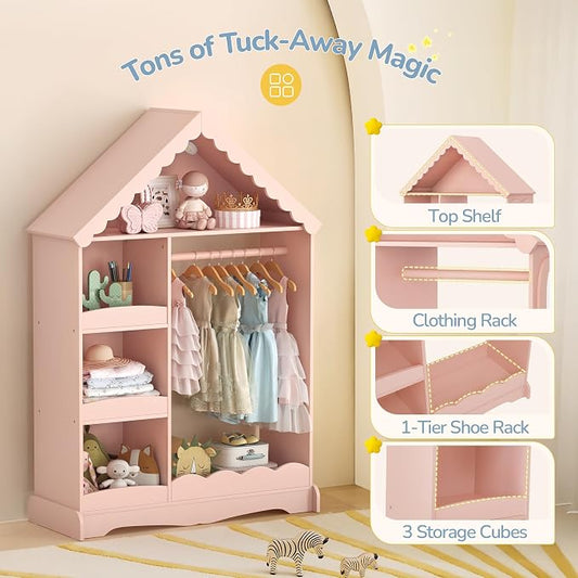 Curipeer Dollhouse Kids Dress Up Storage with Full-Length Mirror & Touch Activated Light, Open Hanging Kids Wardrobe Closet, Toddler Dress up Rack, Armoire Costume Organizer for Bedroom, Pink