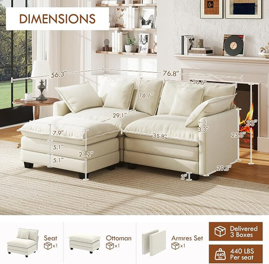 WorthFurni 77 Inch L Shape Cloud Sofa, Modular Sectional Couch with Ottoman, Comfy Chenille Deep Seat Loveseat with Pillow for Living Room Bedroom Apartment (Beige)