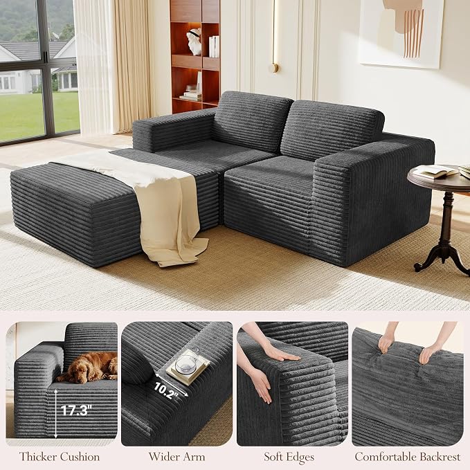 Vesgantti 80" Modular Sectional Sofa, Corduroy Cloud Couch with Deep Seats & Spring Support, Compact 2 Seater Boneless Couch, L-Shaped Modular Sofa for Small Spaces, Apartments, No Assembly, Grey