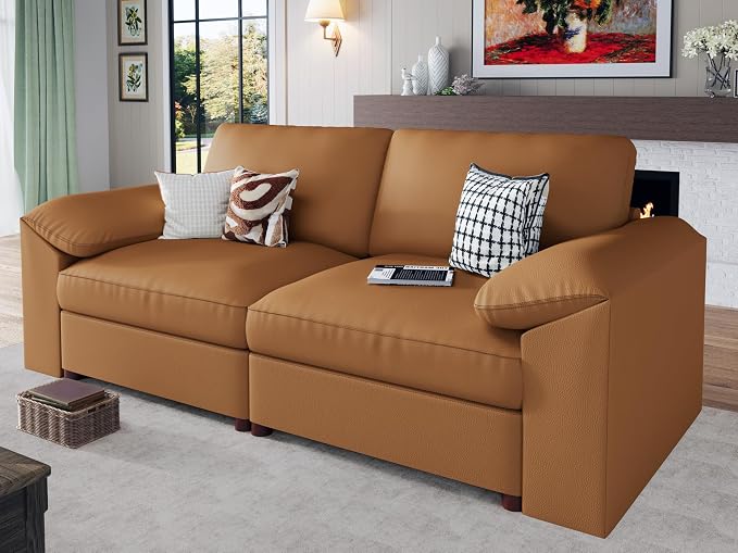 EASE MOOSE Loveseat Sofa for Living Room,Oversized Deep Seat Modular Sectional,Modern Comfy 2 Seater Sofas,Scratch Resistant Faux Leather Couch for Small Spaces, Brown