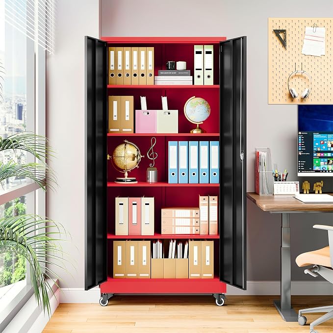 Metal Storage Cabinet with Wheels, Tall Garage Storage Cabinet with 4 Adjustable Shelves and 2 Doors, Lockable Tool Cabinet for Garage Home Office,Gym,School(Black-Red)