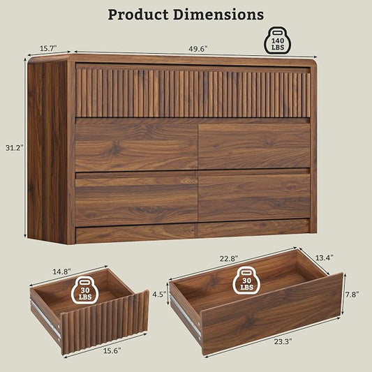 LYNSOM 7 Drawer Dresser for Bedroom, 50" Wide Fluted Dresser with Curved Corners, Wood Dressers & Chests of Drawers with Dual-Panel Design for Bedroom, Entryway, Walnut