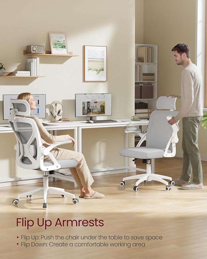VASAGLE Ergonomic Mesh Office Chairs with Adjustable Lumbar Support and Headrest, 90-105° Tilt Function, Wide Seat, Flip‑Up Armrests, Computer Desk Chairs for Home Office, Set of 2, Dove Gray