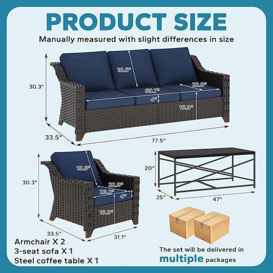 4 Pieces Outdoor Conversation Furniture Set - 77" Patio Sofa, 2 Wicker Armchairs, 1 Metal Coffee Table, Patio Wicker Furniture Set with Water-Resistant Cushions for Sunroom (Navy Blue)