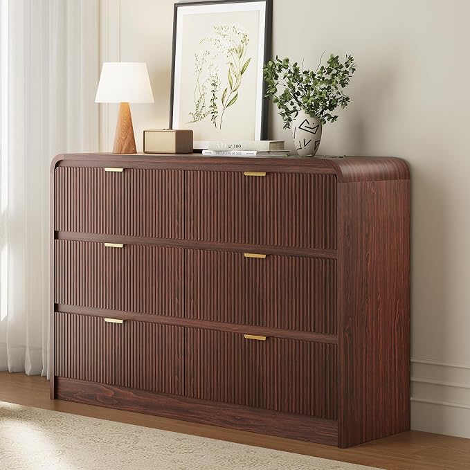FURSUN Fluted 6 Drawers Dresser for Bedroom, 54" Wide Wooden Dresser with Metal Handle, Curved Profile Design, Modern Storage Organizer for Bedroom, Living Room, Hallway, Dark Walnut