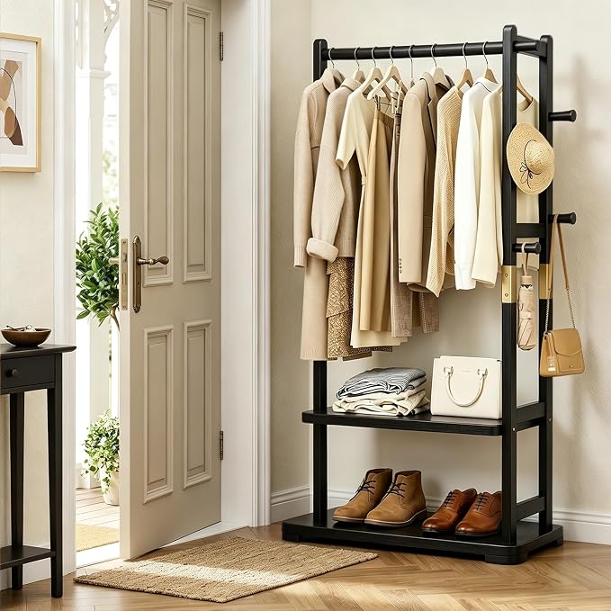 Solid Wood Clothes Rack with 2 Shelves & 4 Hooks for Hanging Clothes Garment Wallets Hats, Black Clothing Rack Heavy Duty Coat Rack Freestanding with Storage Hall Tree for Hallway Bedroom Living Room