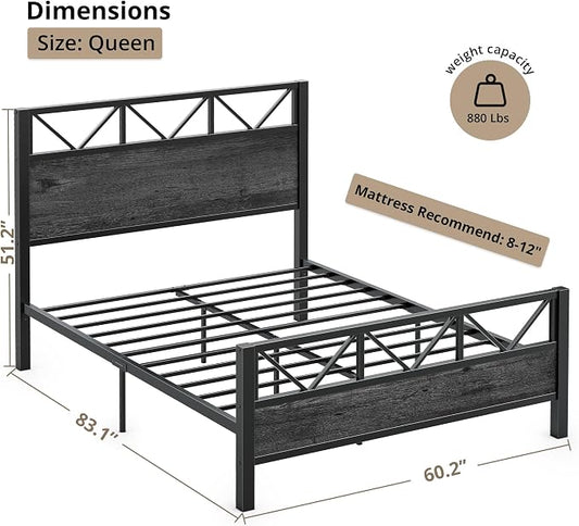 LIKIMIO Queen Bed Frame, Tall Industrial Headboard 51.2 ", Platform Bed Frame with Strong Metal Support, Solid and Stable, Noise Free, No Box Spring Needed, Easy Assembly, Charcoal Grey