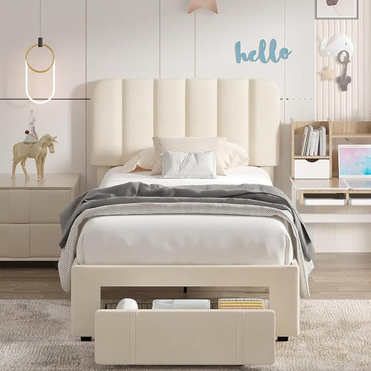 VECELO Twin Size Upholstered Bed Frame with Drawer and Headboard, Velvet Platform Storage Bedframe, Wooden Slats Support, No Box Spring Needed,Bone Beige