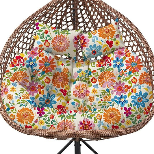 Double Egg Chair Cushion Replacement Waterproof for Outdoor Patio Hanging Basket Egg Chairs, 59x43-Inch Thickened 100% Cotton Large Double Eggs Swing Chair Cushions, Colored Daisy