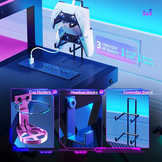 Bestier Computer Desk with Music Sync Light, Flow Vibe Corner Gaming Desk with Monitor Stand and PS5 Storage Shelves, Cup Holders, and Headset Hooks for Bedroom Small Space (Black Purple, 42 Inch)